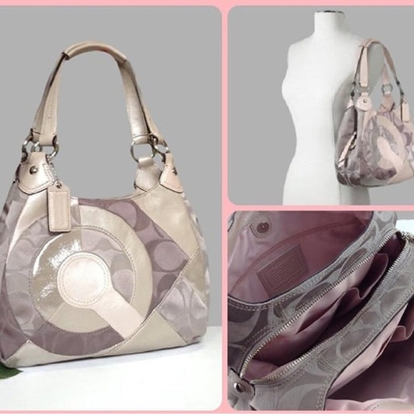 🐂 Coach Signature 16327 Mia Maggie Inlaid C Hobo Patchwork Leather Pink/Tan - Picture 2 of 16